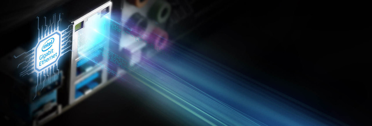 B560M Pro4/ac+ motherboard's RJ45 port is emitting light with an Intel Gigabit Ethernet chip beside it.